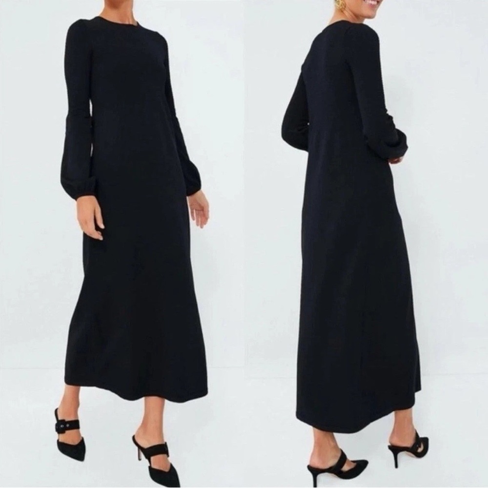 Tuckernuck Pomander Place Black Double Knit Lennox Midi Dress Puff Sleeves Sz XS